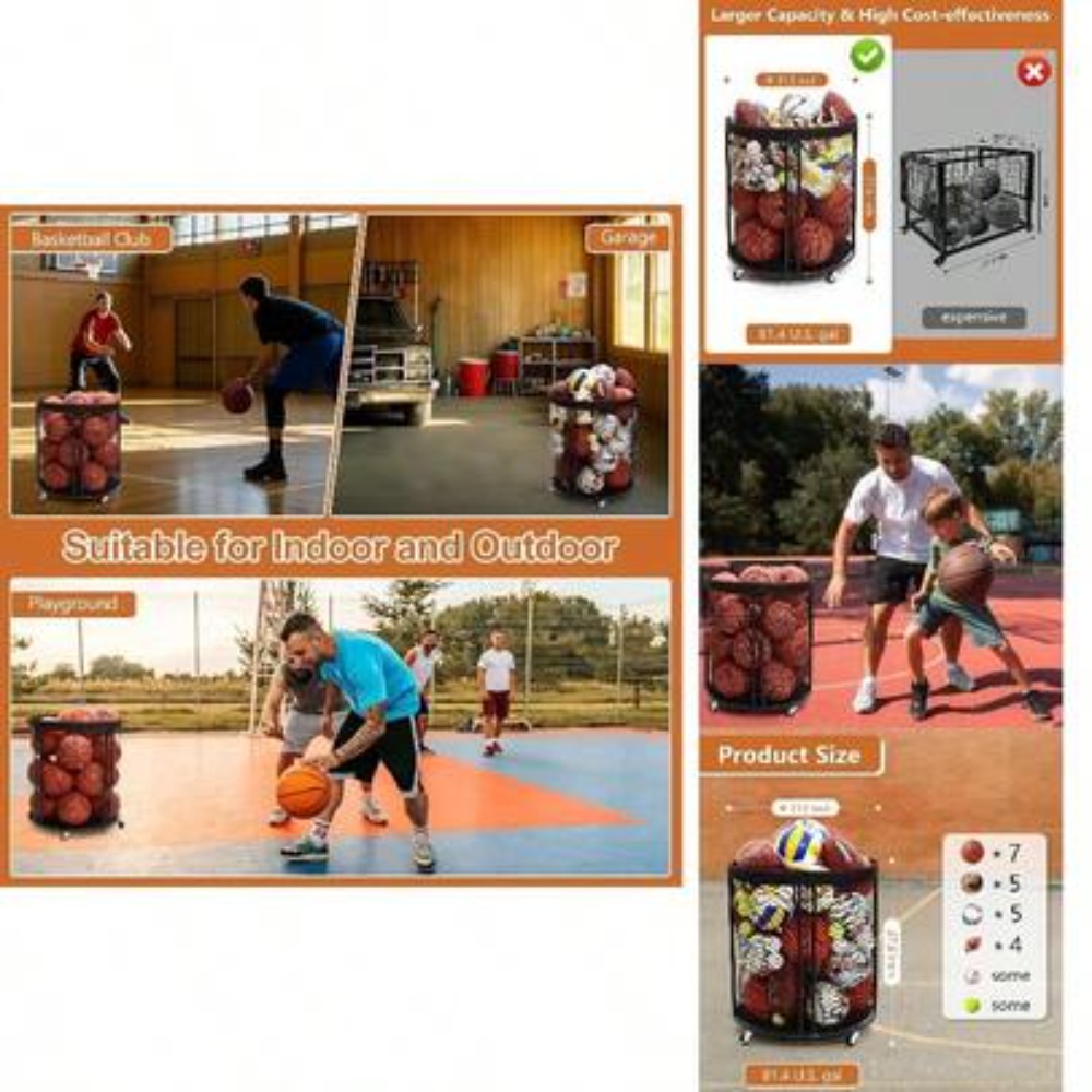 Sports Equipment Garage Organizer - รถเข็นเก็บลูกบอลแบบแข็งแรงสำหรับฟุตบอล บาสเก็ตบอล วอลเลย์บอล ฟุตบอลอเมริกัน, ชั้นวางลูกบอลแบบมีล้อสำหรับโรงรถ ยิม