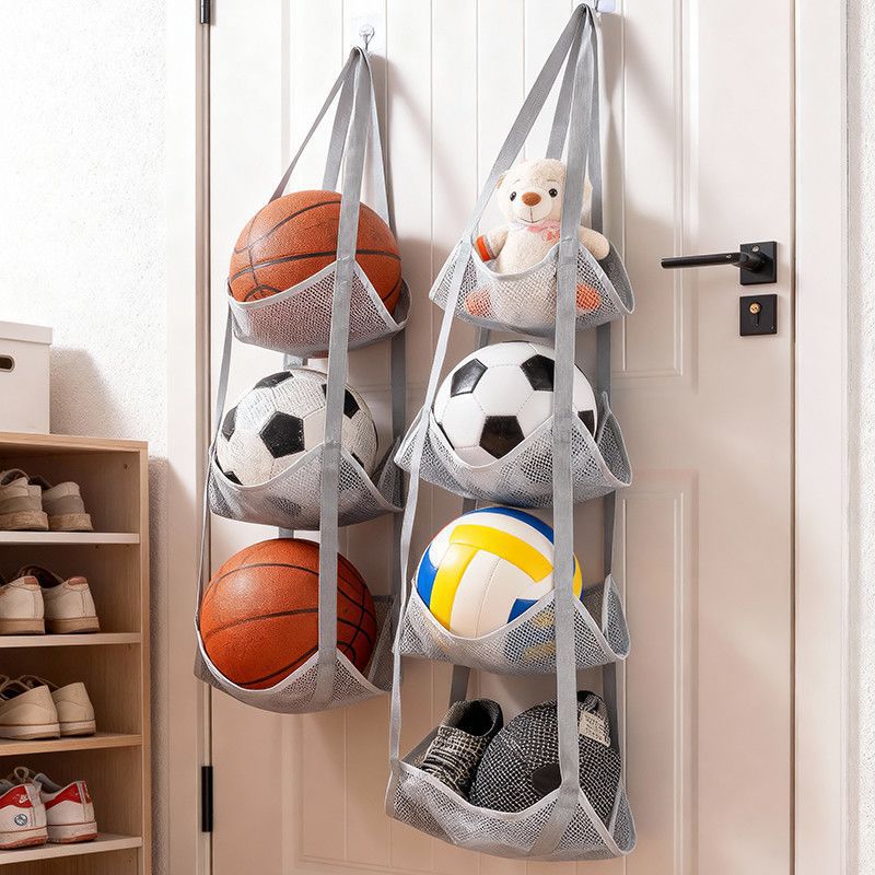 Sports Equipment Garage Organizer - กระเป๋าเก็บลูกบอลแบบแขวนติดผนังพร้อมช่องตาข่ายสำหรับจัดเก็บอุปกรณ์กีฬา บาสเก็ตบอล ฟุตบอล ของเล่นในบ้านหรือโรงรถ