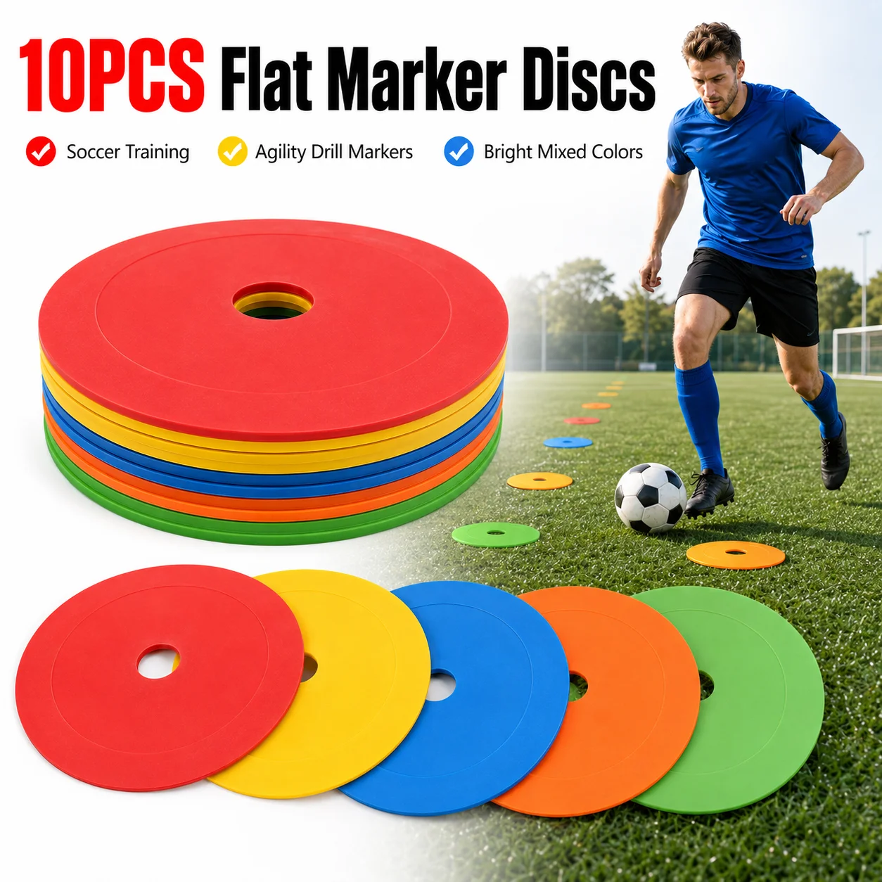 Football Training Cone - แผ่นดิสก์ฝึกซ้อมฟุตบอล TPE 10 ชิ้น ทรงกรวยแบนกลม มีรูตรงกลาง